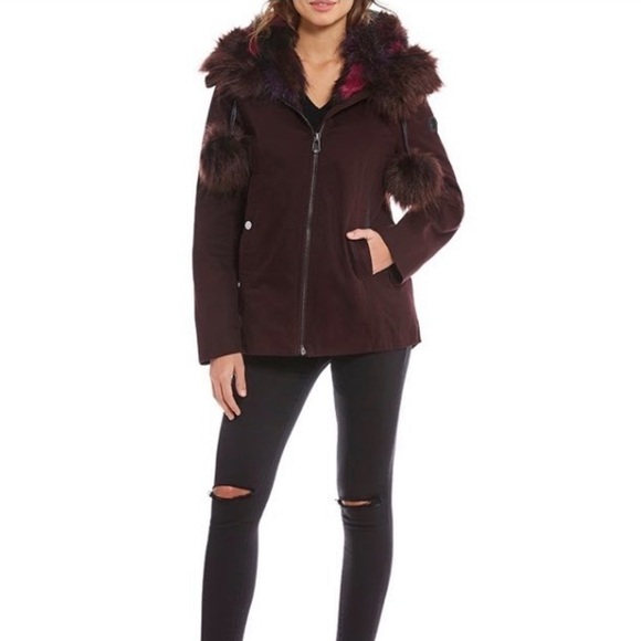 - Gianni Bini Burgundy Anorak Faux Fur Hood w/ Detachable Fur - Picture 1 of 15